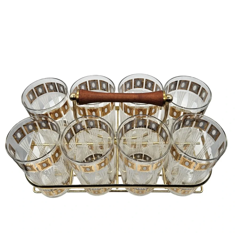 Set of 8 MCM Fred Press Frosted 22Kt Trim High Ball Glasses in‎ a Brass Caddy